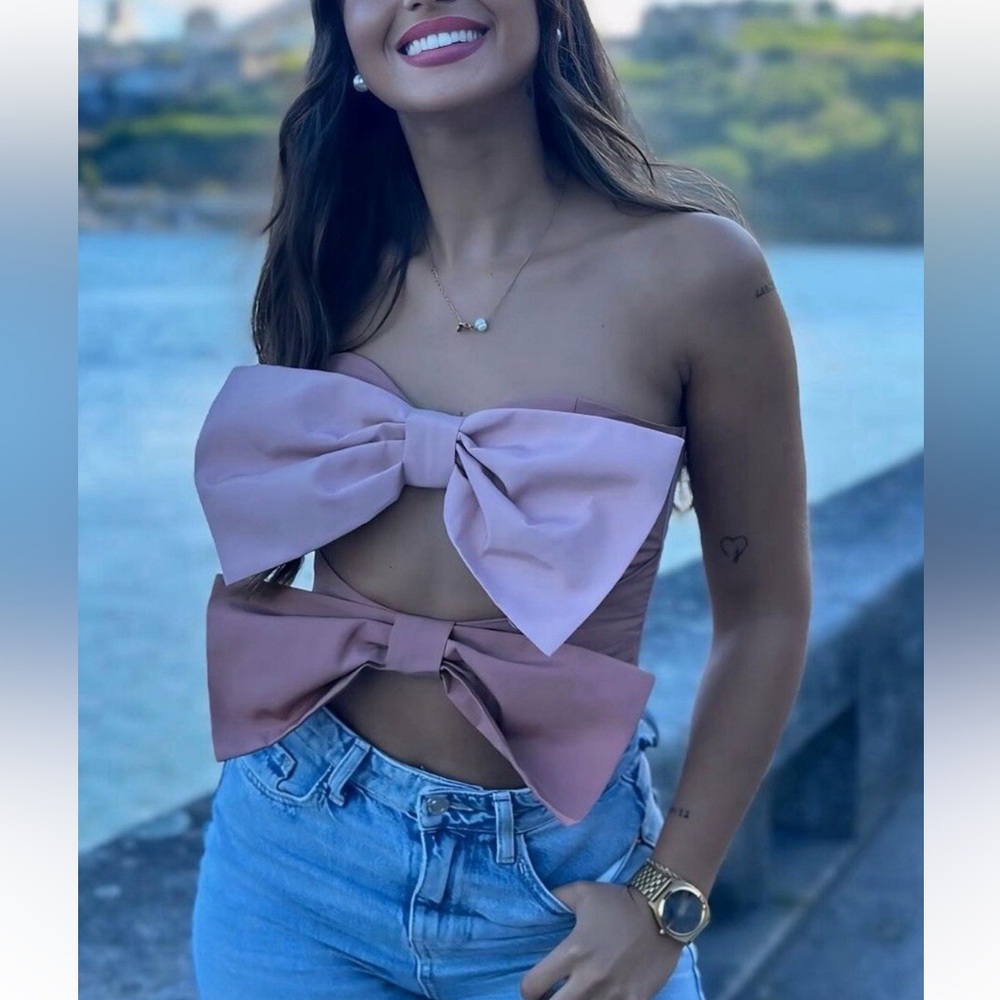 Zara Women's Mauve and Pink Bow Crop Top